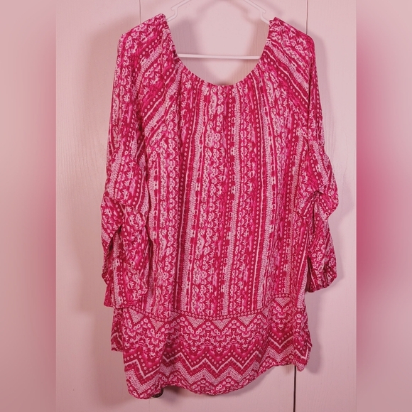 Terra & Sky Fucshia Printed Ruffle Bell Sleeve Size 2X Tunic Top Flowy Boho - Picture 9 of 10